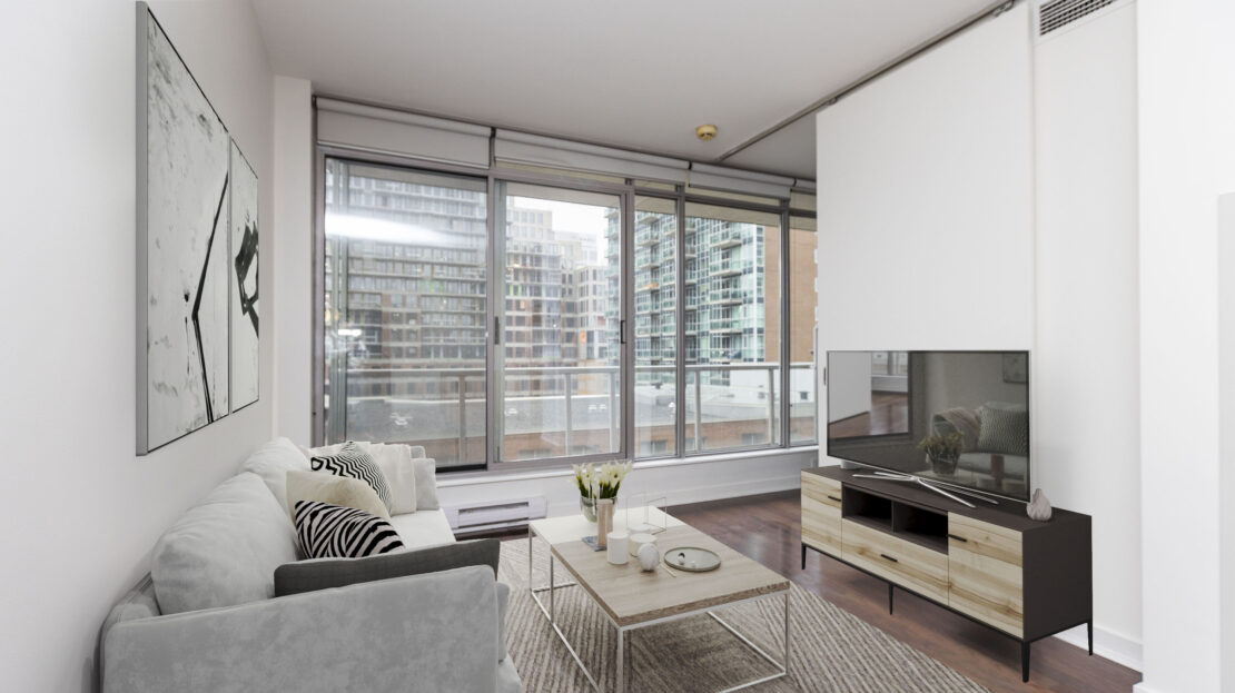 Spacious living room with city view at 383 Cumberland Street condo