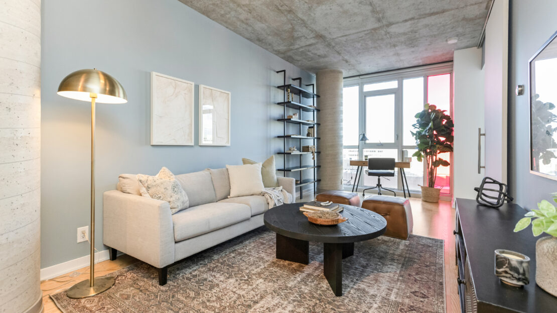 Custom-built shelving unit in condo