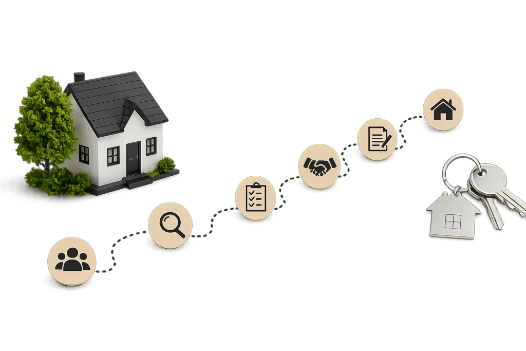 Modern home buying journey concept with a house, search, planning, paperwork, agreement, and keys on a clean white background.